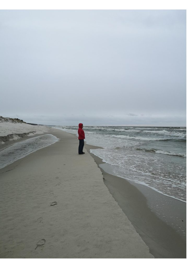 plaża nad morzem, pochmurny dzień, w miejscu jeszcze na piasku ale już tuż przy wodzie drobna samotna postać stoi skierowana w stronę morza, na piasku widać ślady, które zostawiła